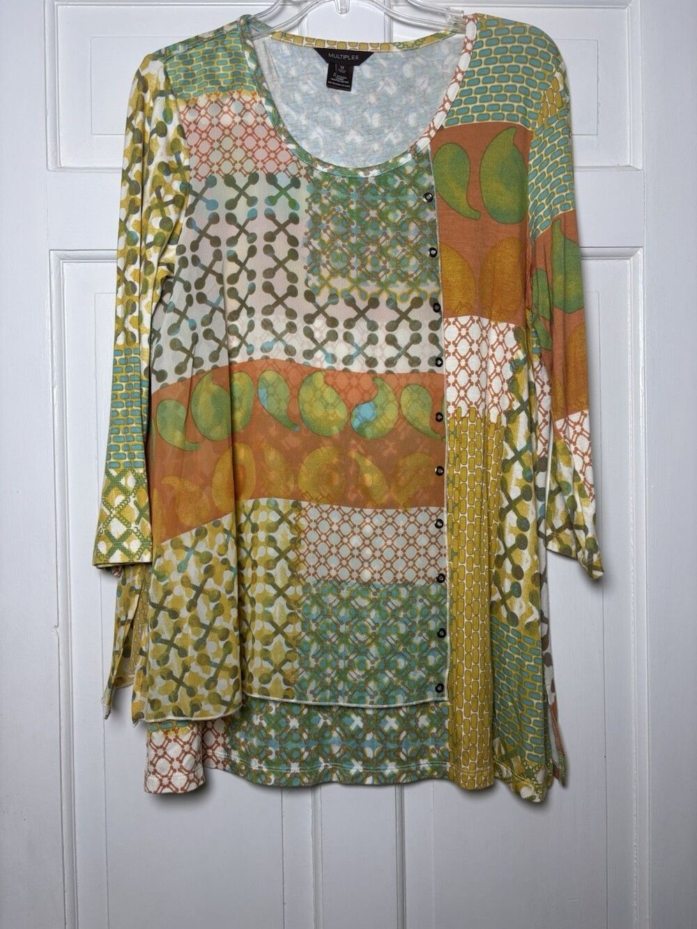Multiples Multicolor Print Tunic Top Size M Bell 3/4 Sleeves Quiet Luxury Boho